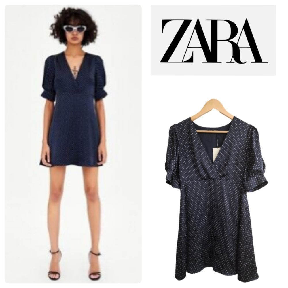 Zara Lined Navy Blue and Silver Polka Dot Short Puff Sleeve Mini Dress Small